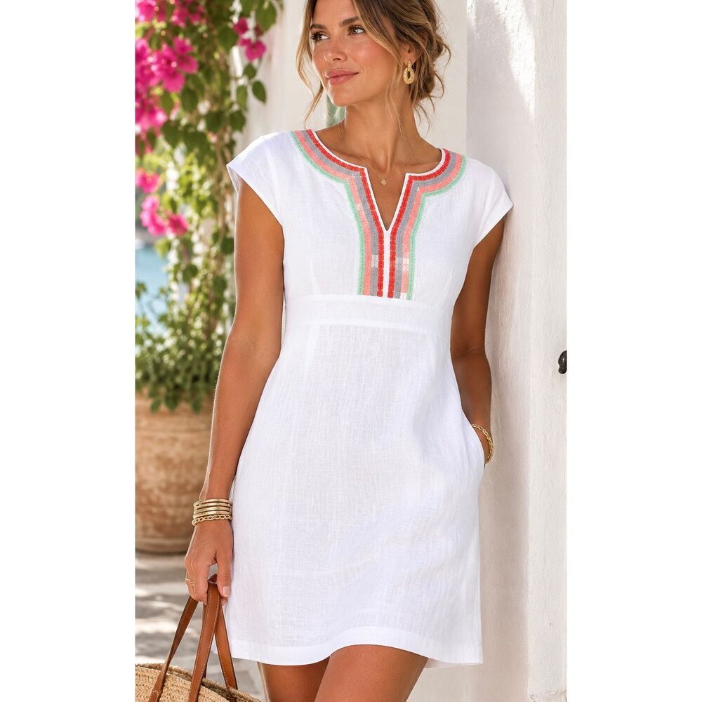 Boden White 100% Linen Sequin Trim Shift Dress US 6P Resort Coastal Summer